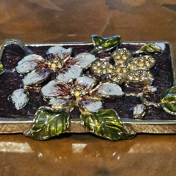 RARE JAY STRONGWATER MAROON DOGWOOD FLOWER VANITY MAKEUP ENAMEL MIRROR - Picture 8 of 12